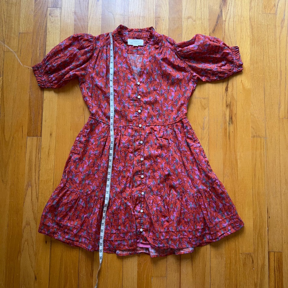 Trovata Birds of Paradis Red Pink Floral Cotton Puff Sleeve Mini Dress S Cottage - Picture 7 of 9
